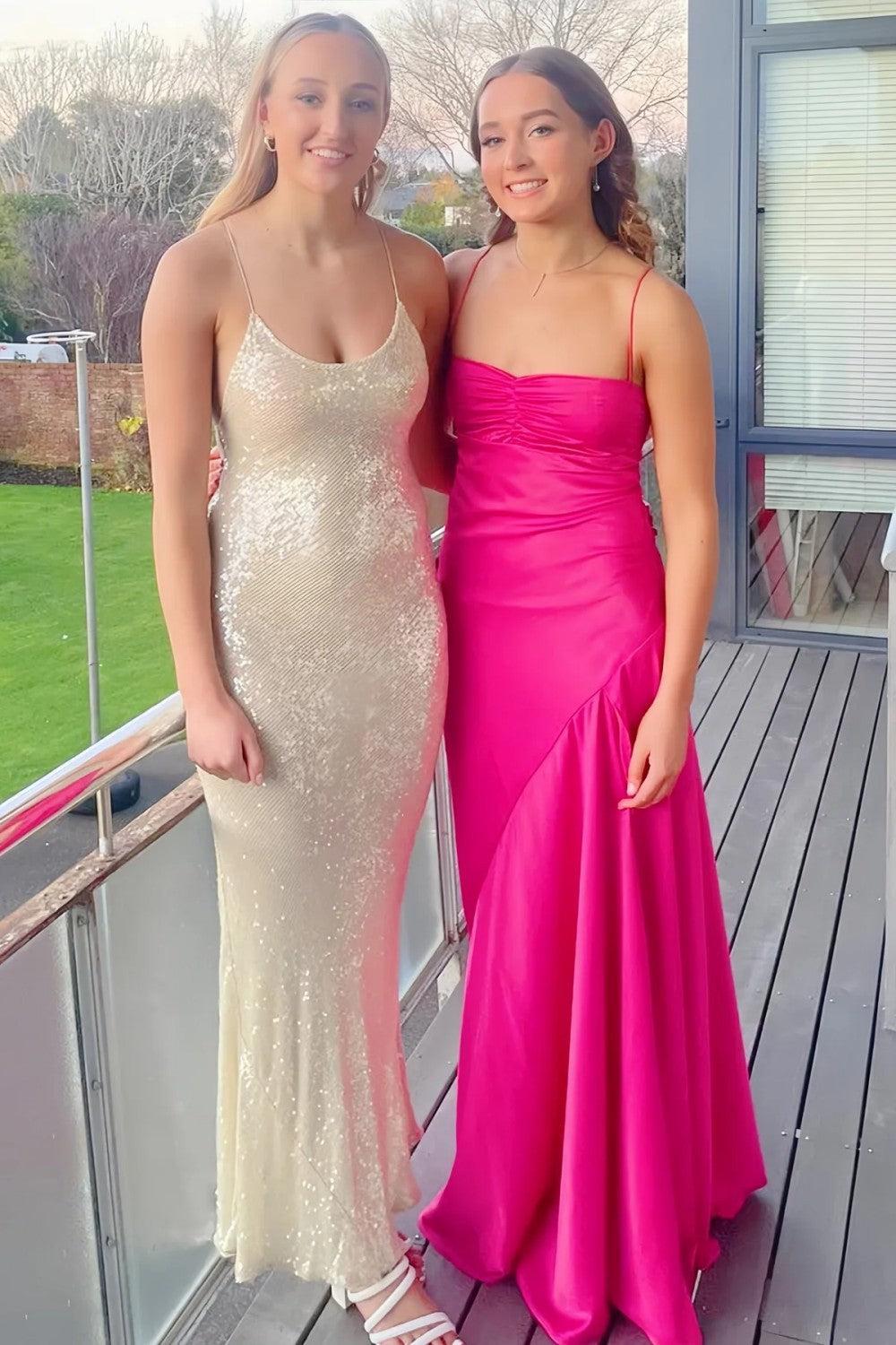 Suzhoufashion Yellow Satin Spaghetti Straps Long Ruched Prom Dress With Slit Formal Evening Gown