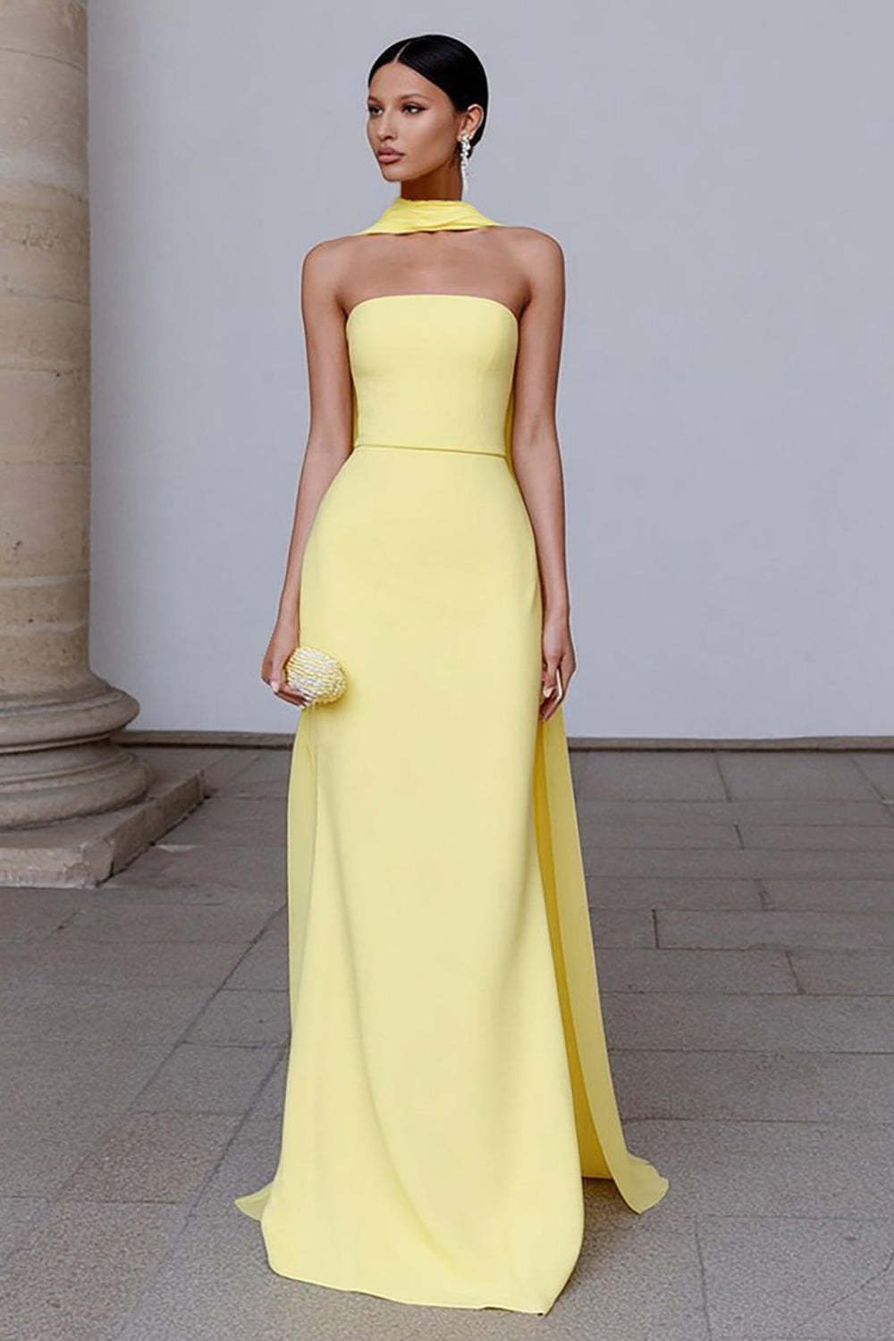 Suzhoufashion Yellow Sheath Neck Scarf Strapless Long Prom Dress With Slit
