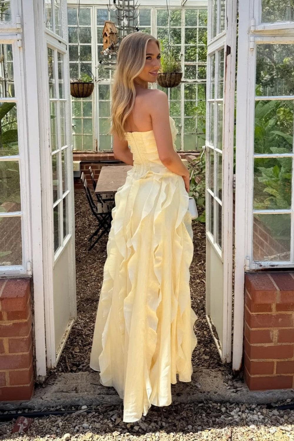Suzhoufashion Yellow Strapless Ruffle Chiffon High Slit Long Prom Dress Formal Evening Gown