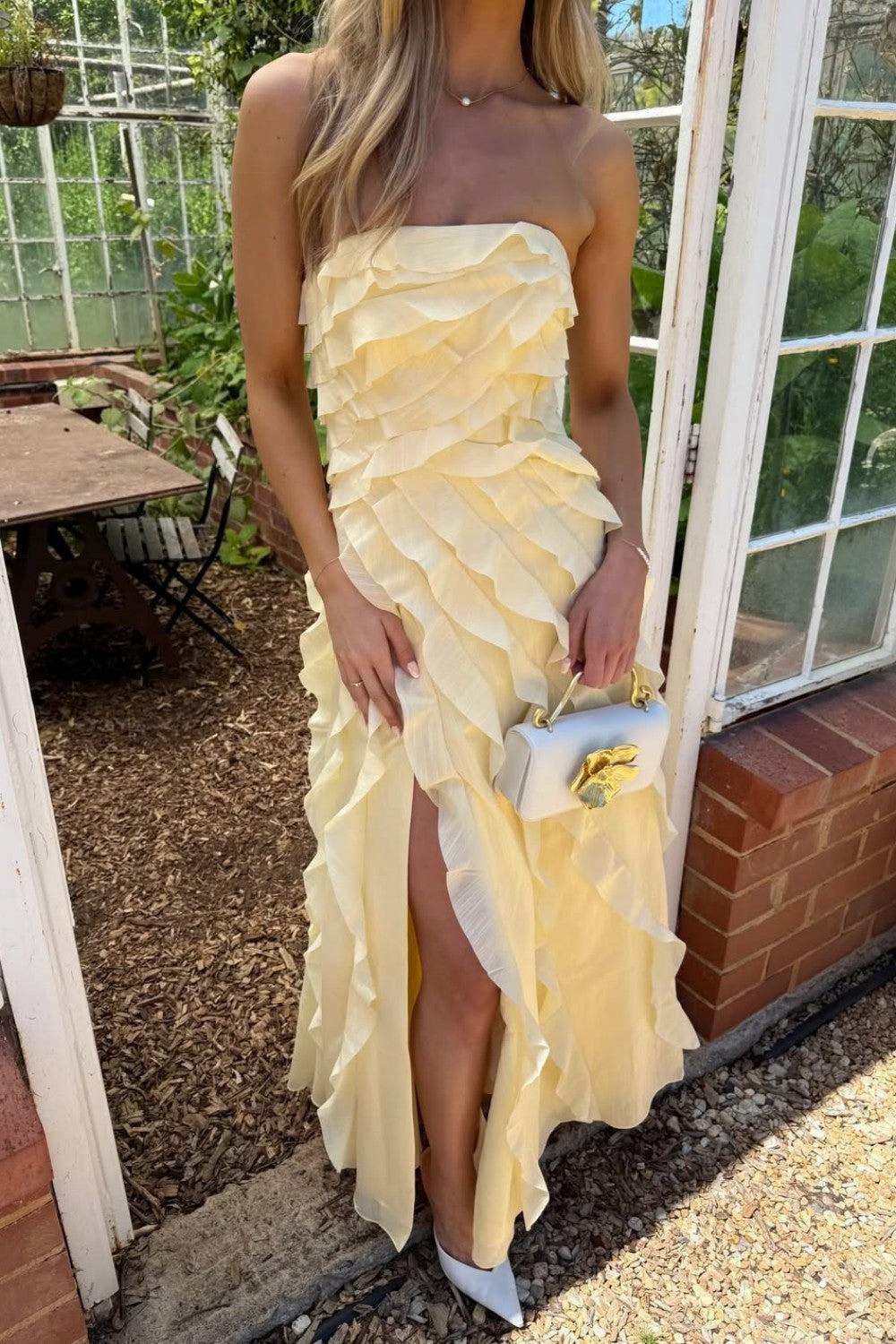 Suzhoufashion Yellow Strapless Ruffle Chiffon High Slit Long Prom Dress Formal Evening Gown