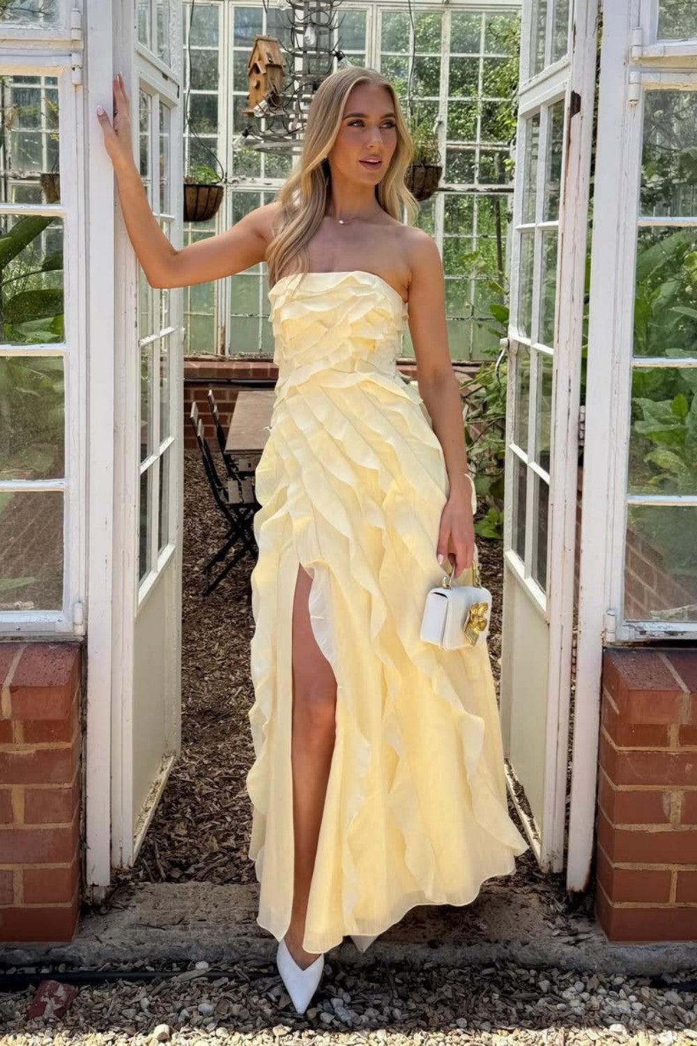 Suzhoufashion Yellow Strapless Ruffle Chiffon High Slit Long Prom Dress Formal Evening Gown