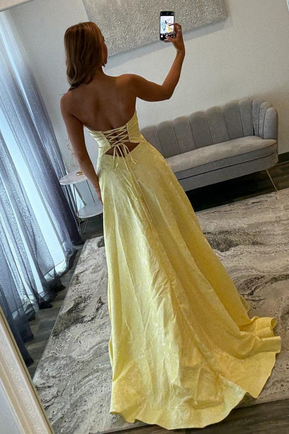 Yellow Sweetheart Jacquard Prom Dress With Front Cutout Detail Formal Evening Gown