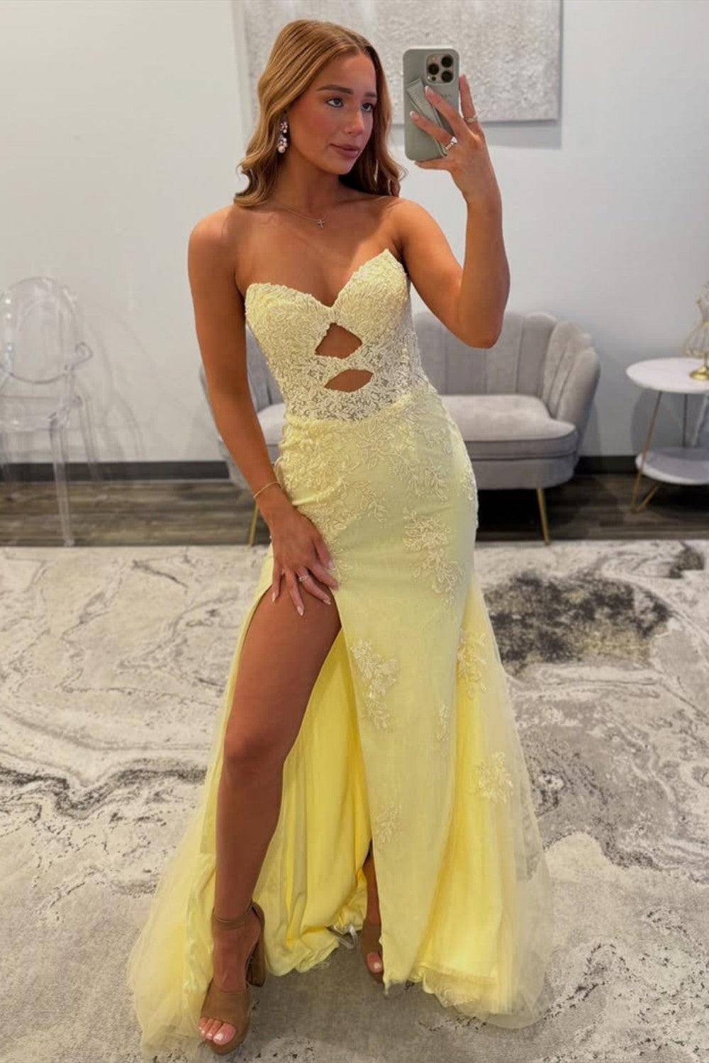 Suzhoufashion Yellow Sweetheart Lace Up Cutout Prom Dress With Lace Details Formal Evening Gown