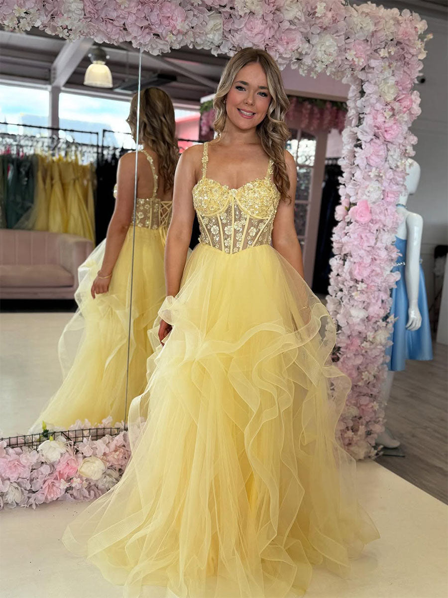 Yellow A-Line Empire-Waist Sweetheart Ruffles Long Prom Dress - VelvetHem