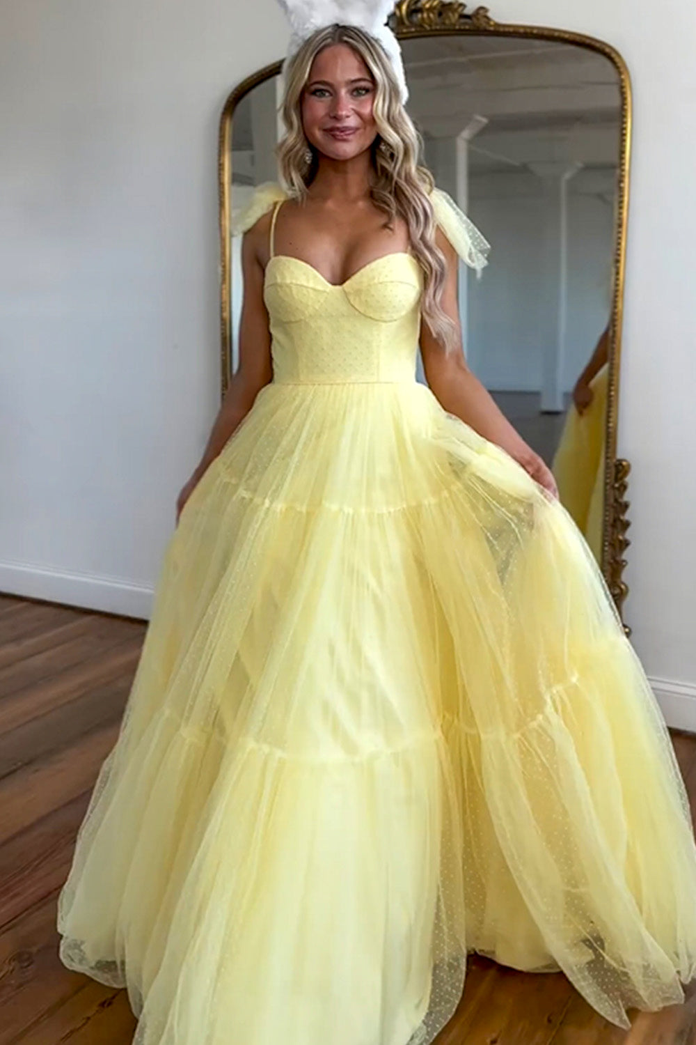 Yellow A-Line Tie Spaghetti Straps Long Tulle Prom Dress - View 3 | VelvetHem