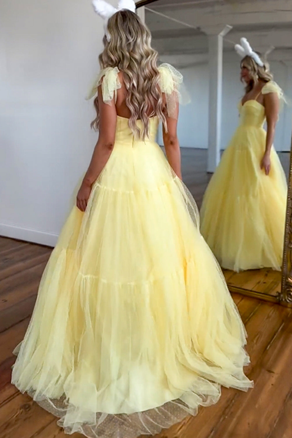 Yellow A-Line Tie Spaghetti Straps Long Tulle Prom Dress - View 2 | VelvetHem