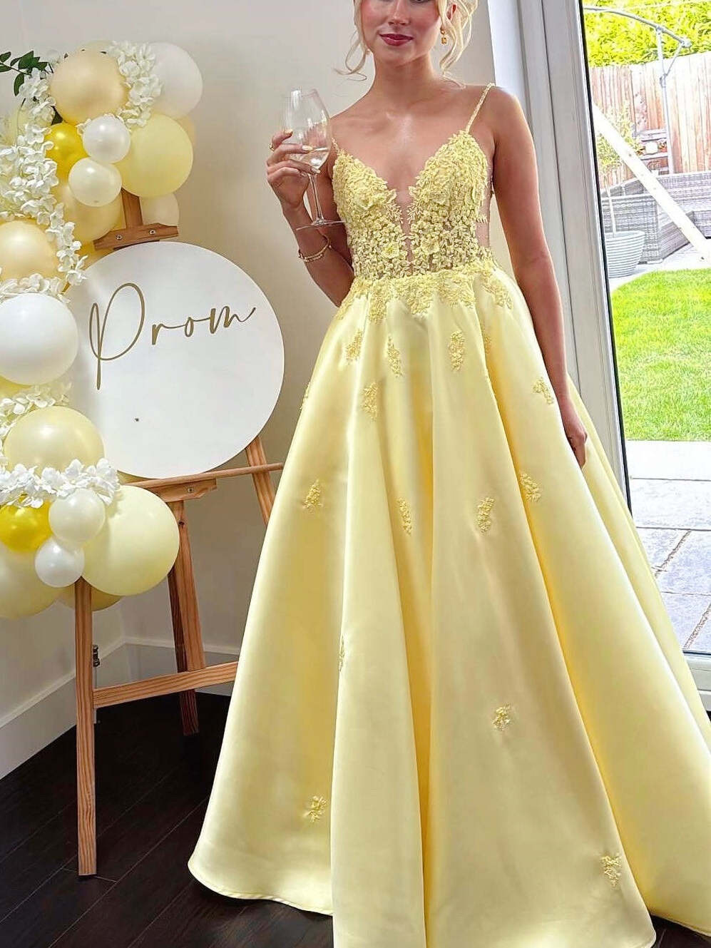 Yellow Floral Appliqu� Satin A-Line Long Prom Dress - VelvetHem