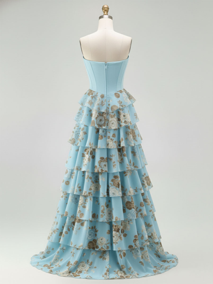 Blue Strapless Floral Print Tiered Ruffle Corset Prom Dress