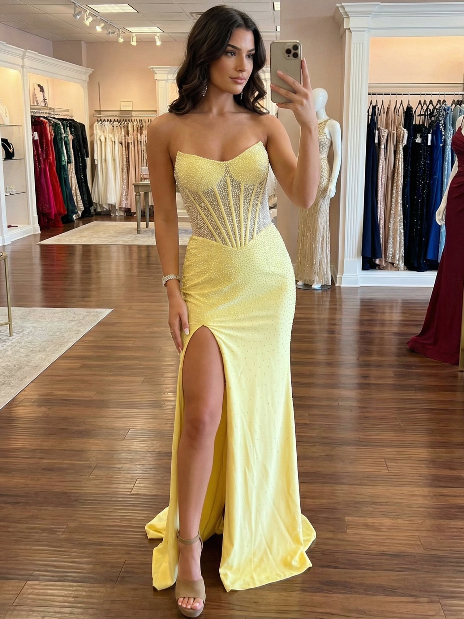 Mermaid Strapless Corset Beaded Long Prom Dress with Slit