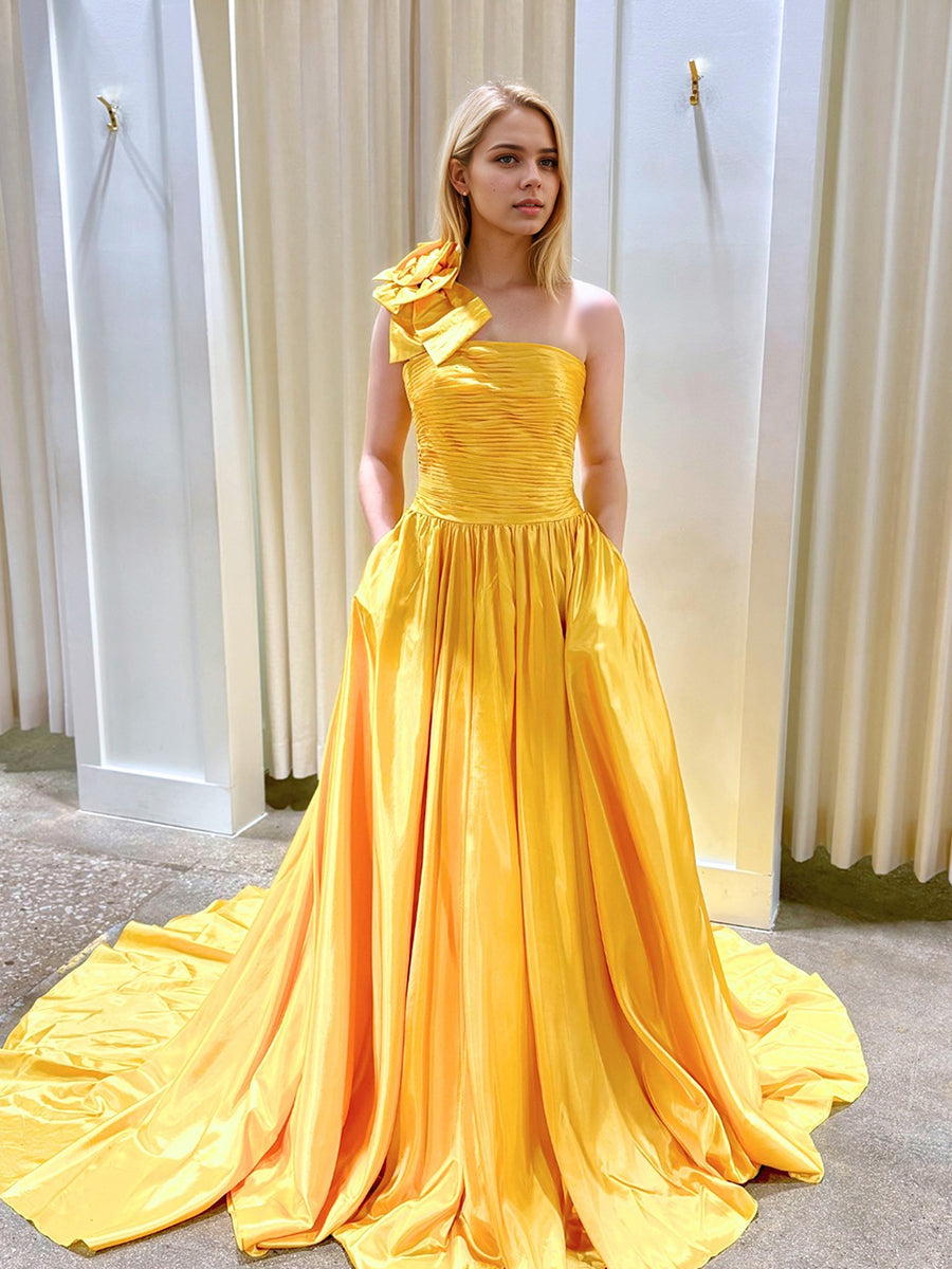 Yellow One-Shoulder 3D Flower Satin Prom Dress with Pockets - VelvetHem
