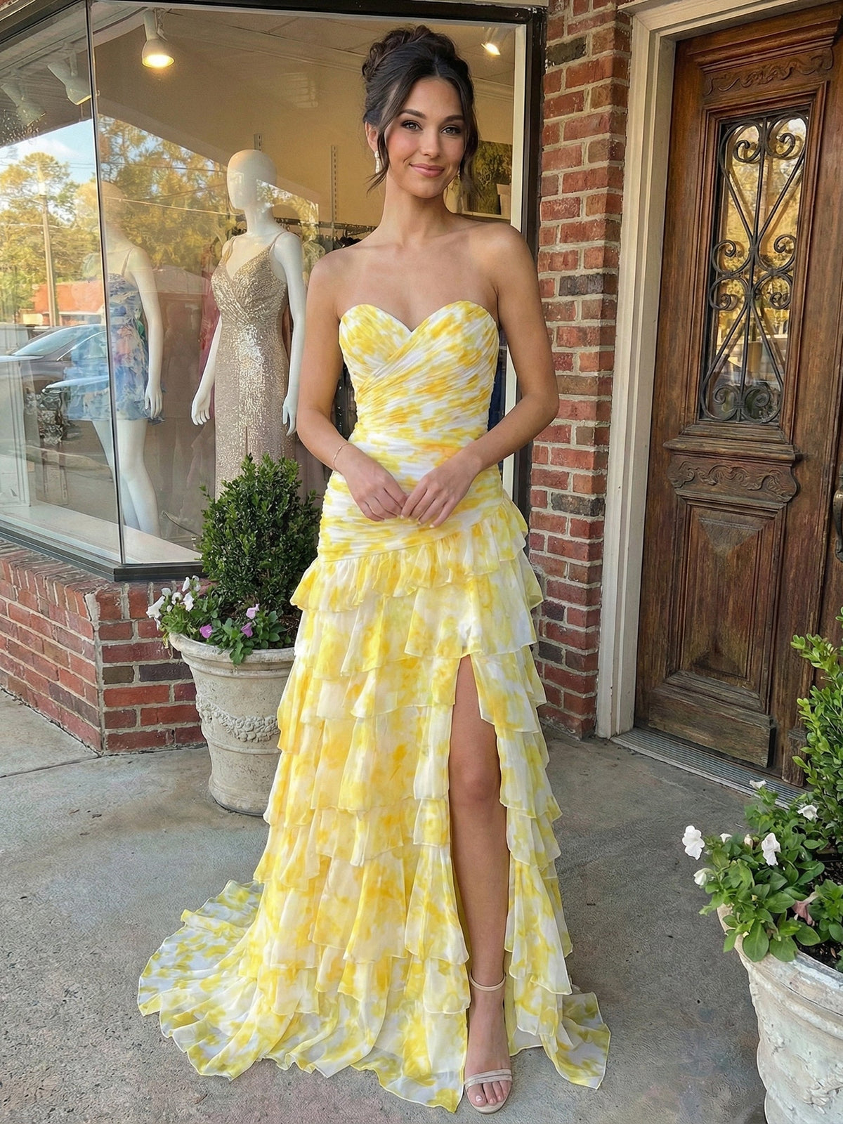 Yellow Print Mermaid Ruffled Tiered Prom Dress with Slit - VelvetHem