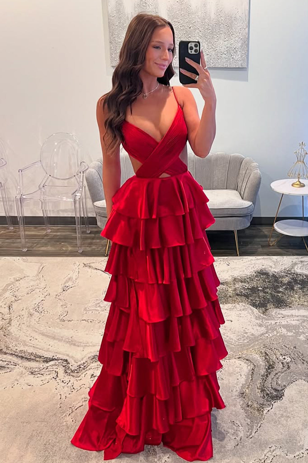 Red A-Line Spaghetti Straps Waist Hollow Long Tiered Satin Prom Dress - View 5 | VelvetHem