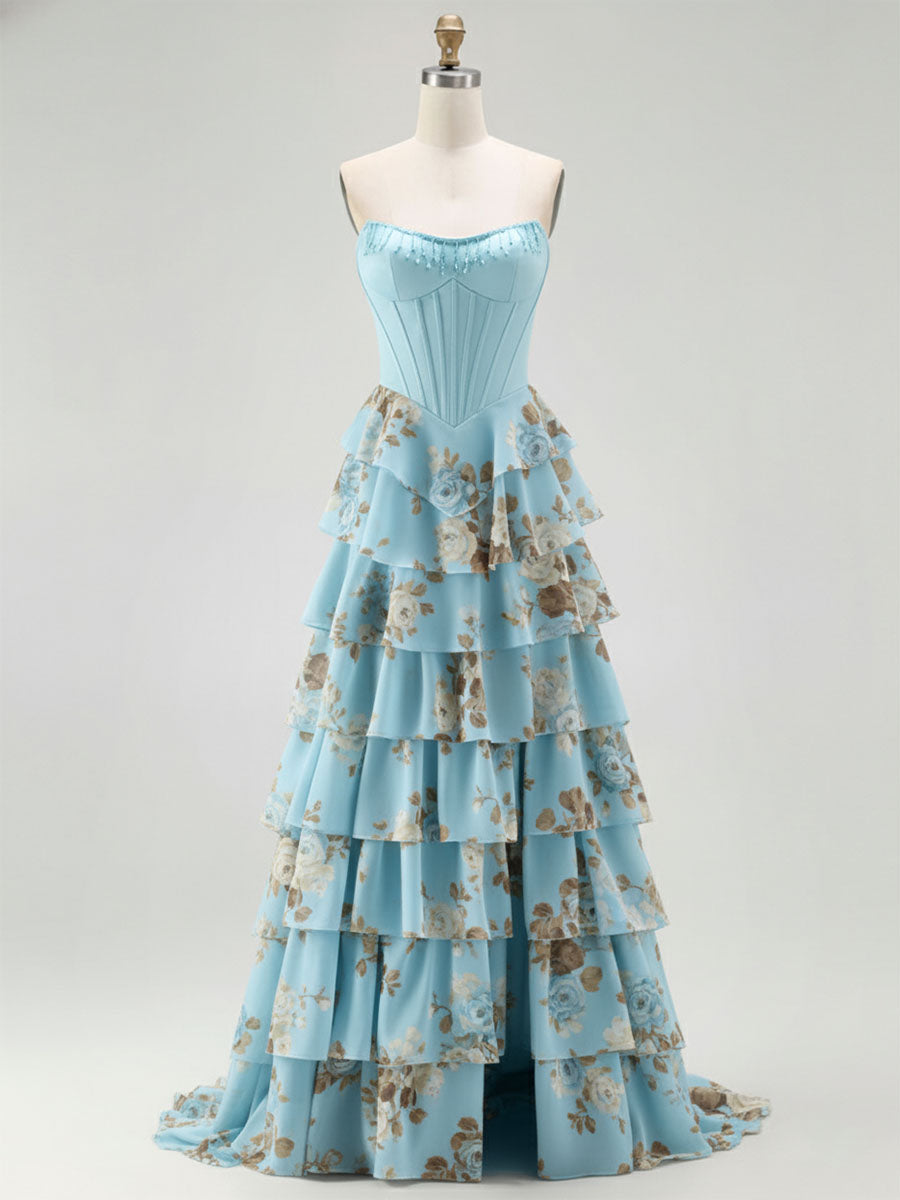 Blue Strapless Floral Print Tiered Ruffle Corset Prom Dress - VelvetHem