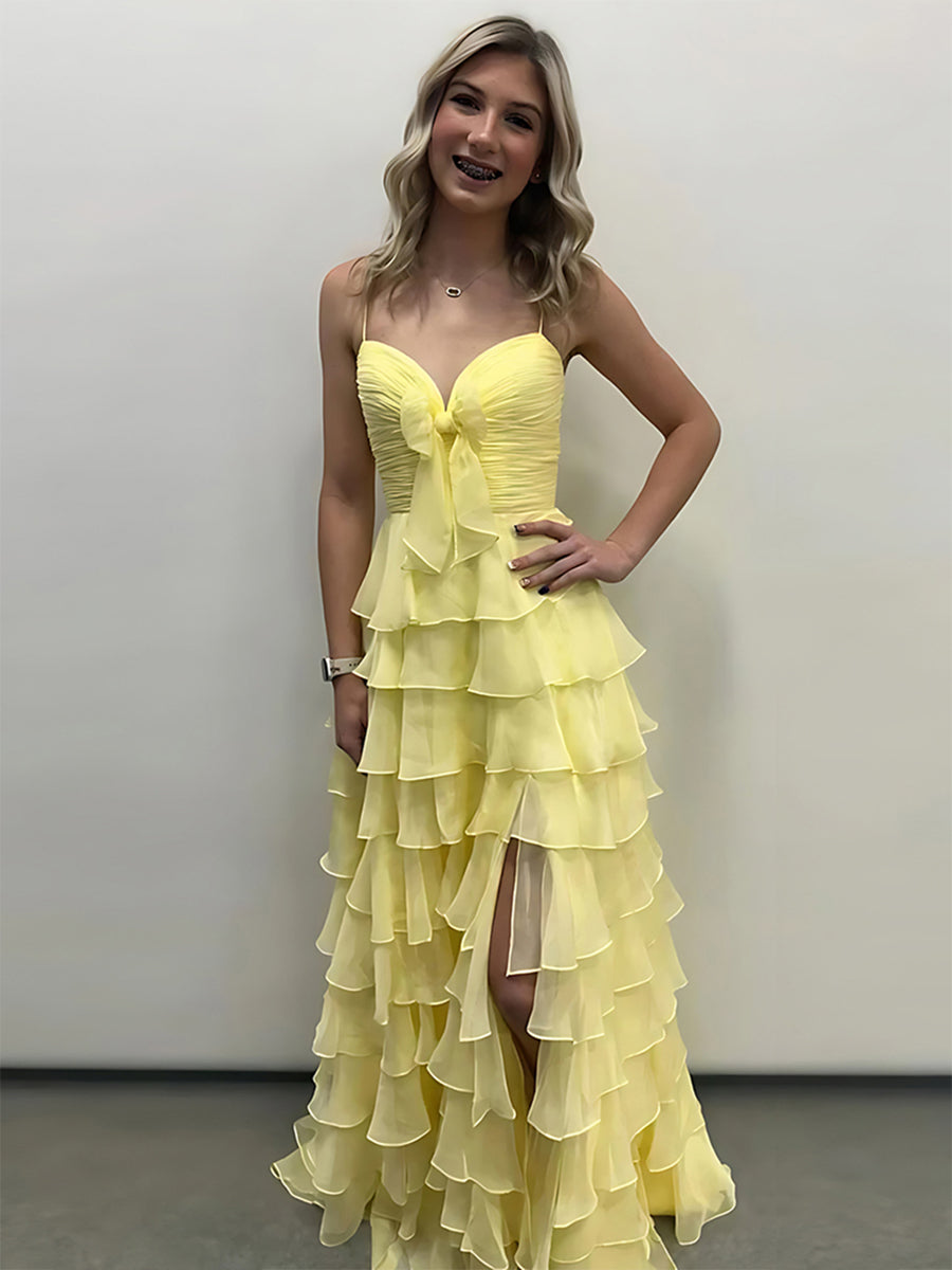 Yellow Tie-Front Sweetheart Neckline Tiered Ruffle Prom Dress with Slit - VelvetHem