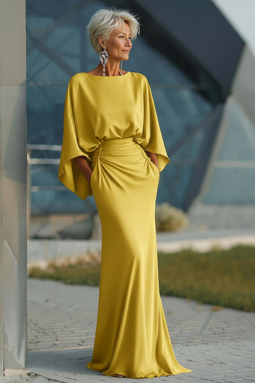Navy Satin Mermaid Backless Long Mother Of The Bride Dress With Pockets