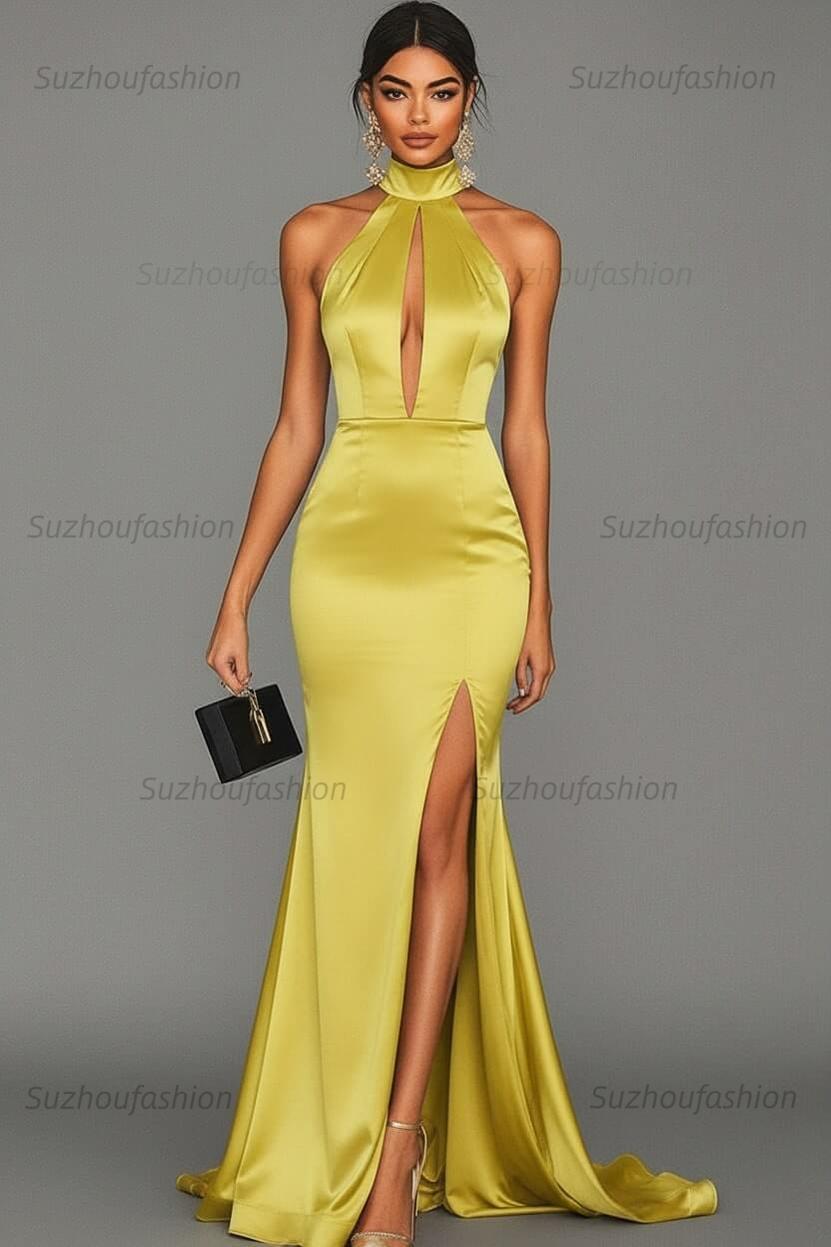 Satin Black Wedding Guest Dress Mermaid Halter Neck Formal Dress