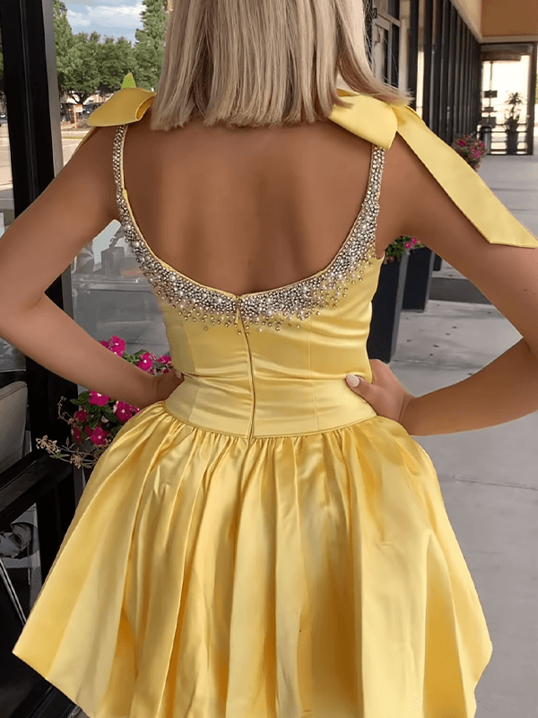 Blue Beaded A Line Homecoming Dresses Short Cocktail Dresses With Bow