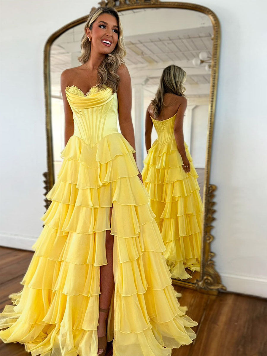 Yellow A Line Strapless Satin Corset Long Prom Dress with Ruffle Skirt - VelvetHem