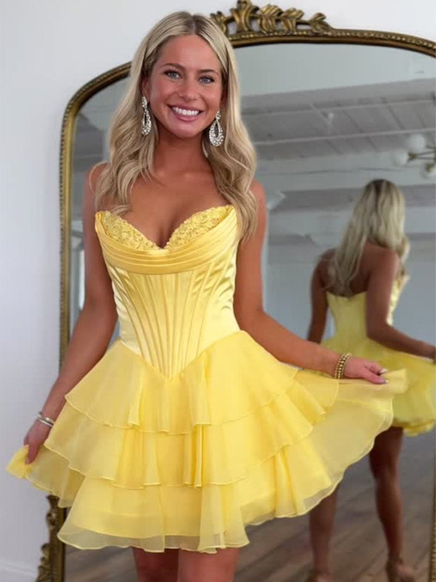 A Line Strapless Short Corset Homecoming Dress with Ruffles - VelvetHem