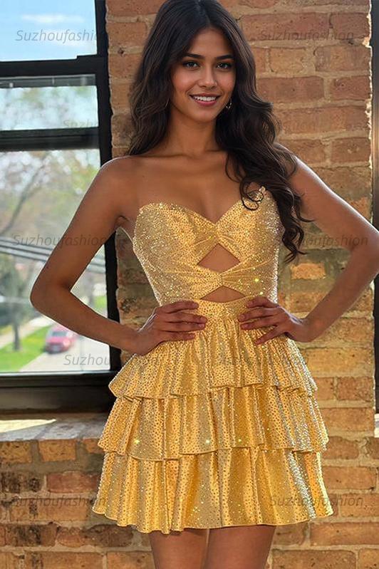 Orange A Line Homecoming Dresses Tiered Short Cocktail Dresses With Beading