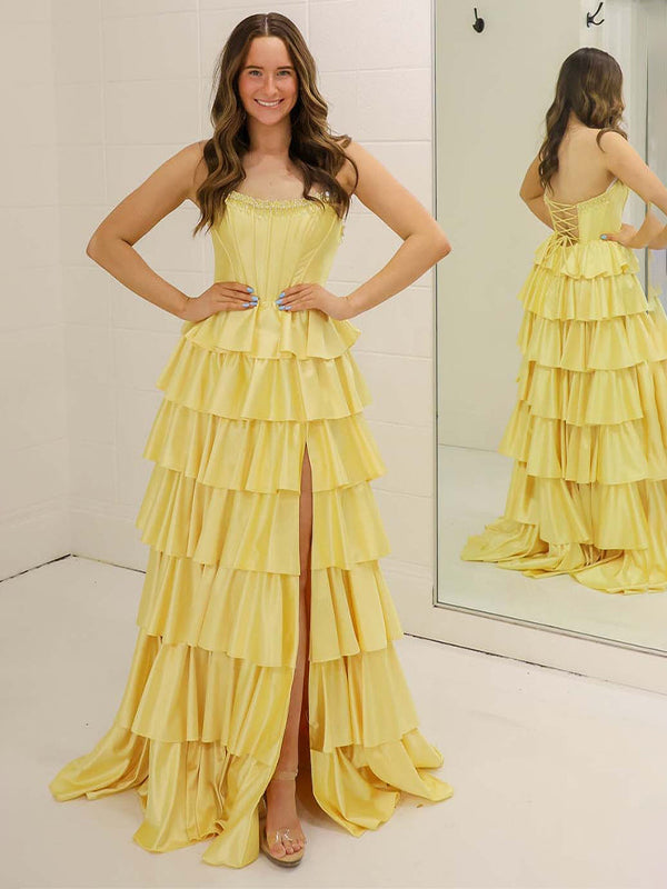 Yellow A Line Strapless Tiered Ruffle Long Prom Gown Dress with Slit - VelvetHem