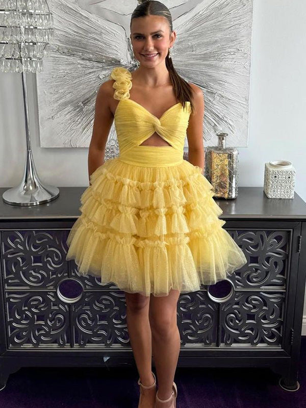One Shoulder Lace Up Short Tulle Homecoming Dress - VelvetHem