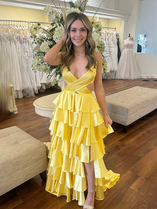 Yellow Spaghetti Straps V-Neck Layered Satin Prom Dress with Slit - VelvetHem