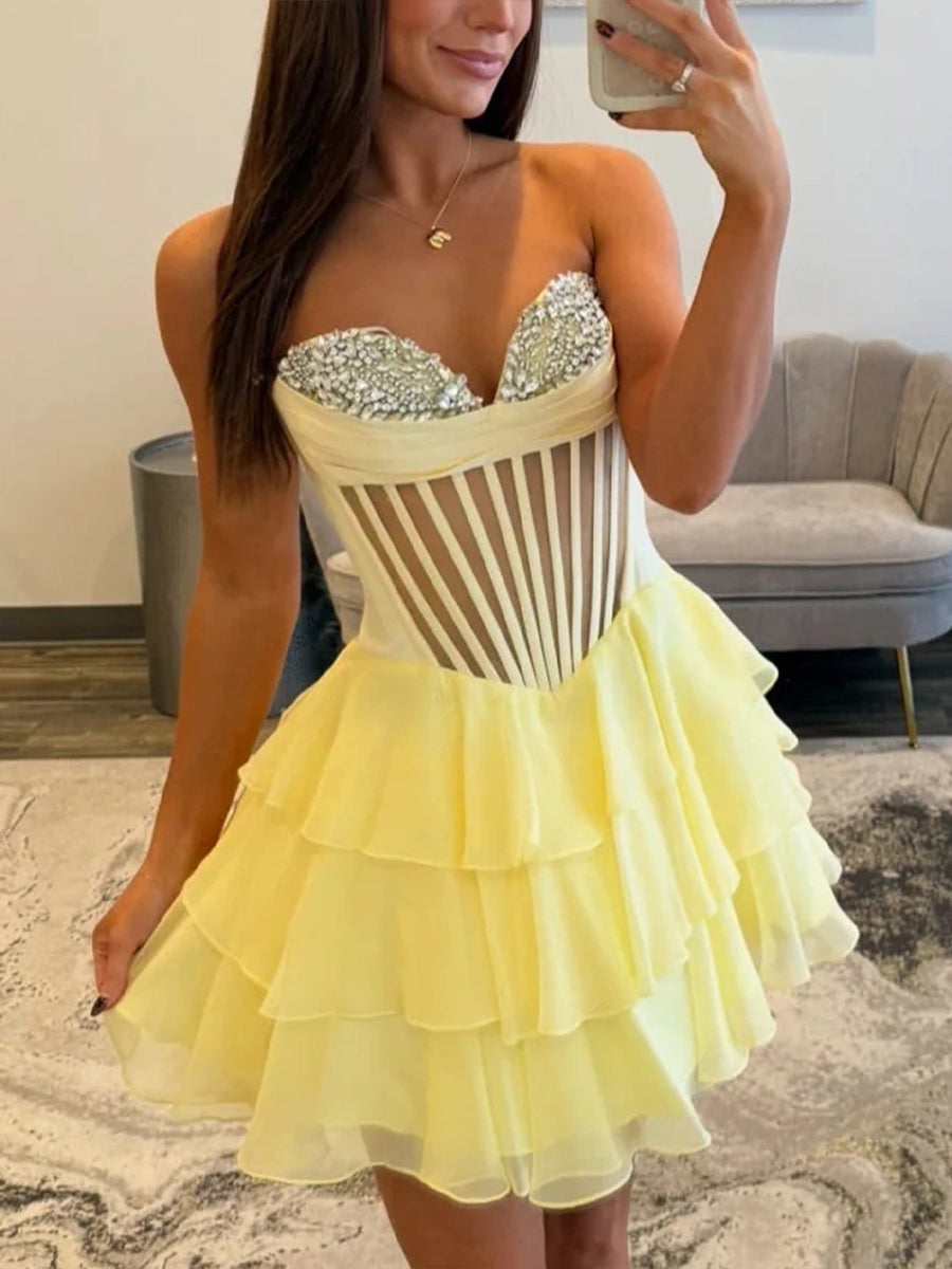 Strapless Sheer Bodice Tiered Short Homecoming Dress with Crystal - VelvetHem