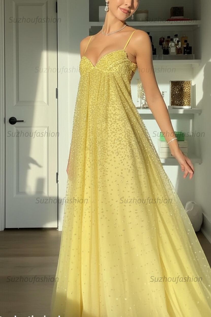 Suzhoufashion Bling A Line Spaghetti Straps Grey Blue Long Party Dress With Beading Formal Evening Gown