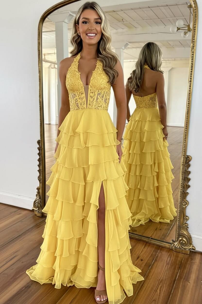 Sky Blue Prom Dress Ruffled Halter Corset Formal Dress With Slit