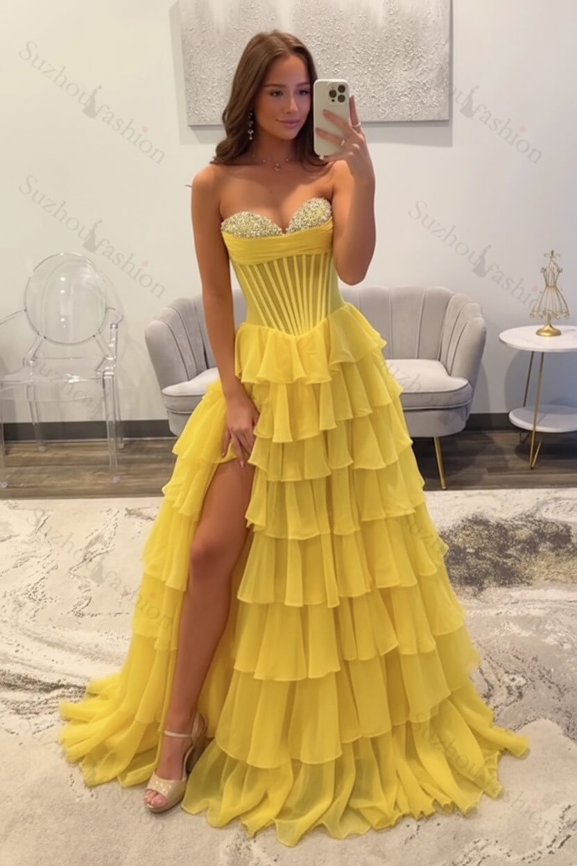 Ruffled Black Prom Dress A Line Corset Long Formal Dress With Beadings