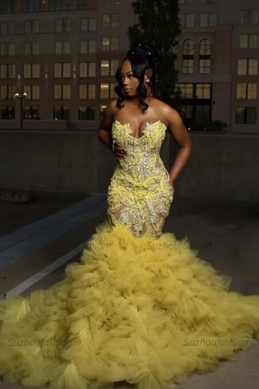 Mermaid Sweetheart Prom Dress Ruffled Sleeveless Formal Evening Gown with Rhinestones and Beadings