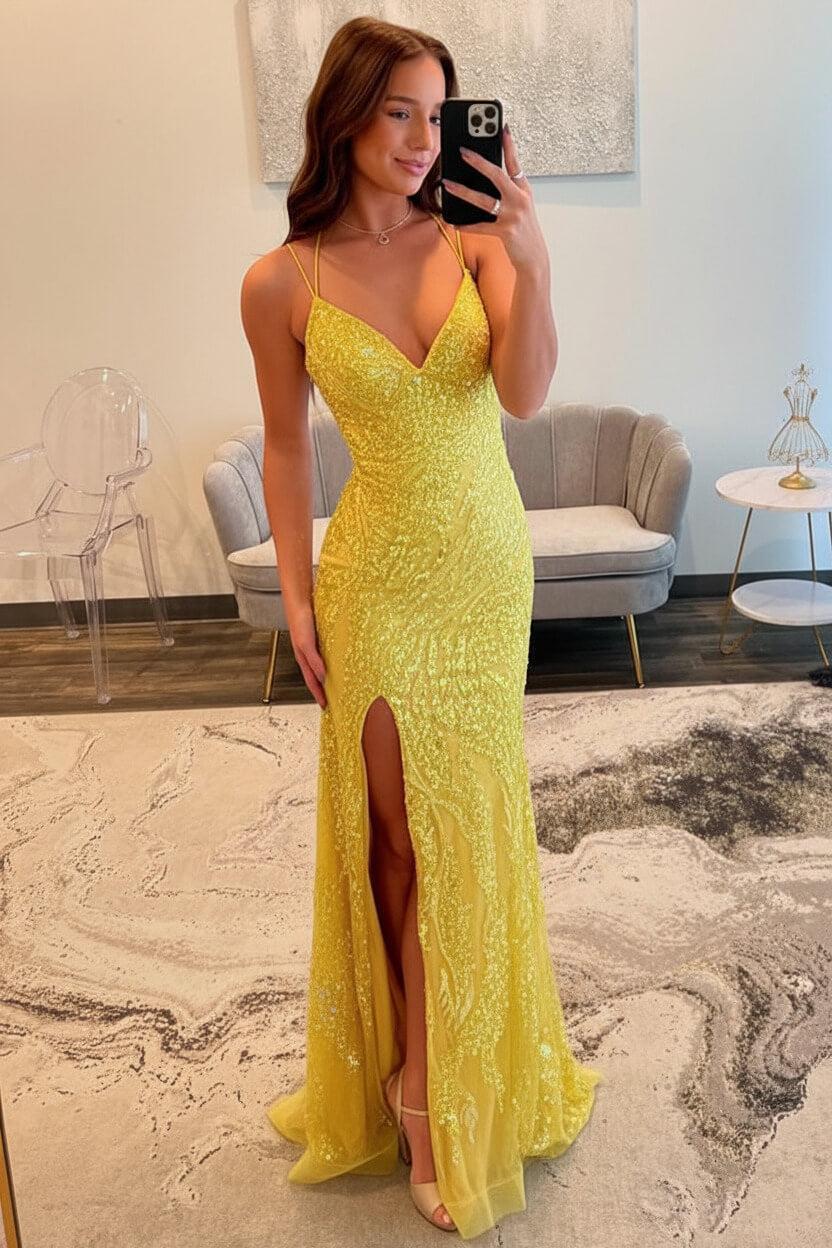 Suzhoufashion Silver Sequin Spaghetti Strap Mermaid Slit Prom Dress With Crisscross Lace-Up Back Formal Evening Gown