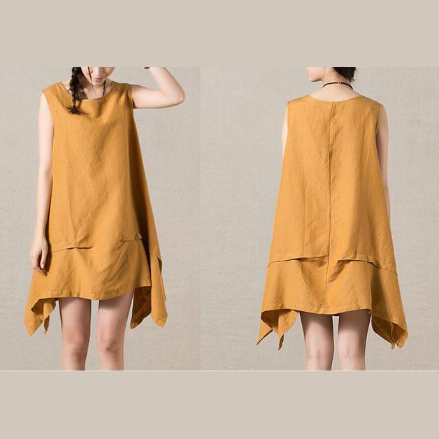 Yellow layered linen dress sleeveless cotton sundress