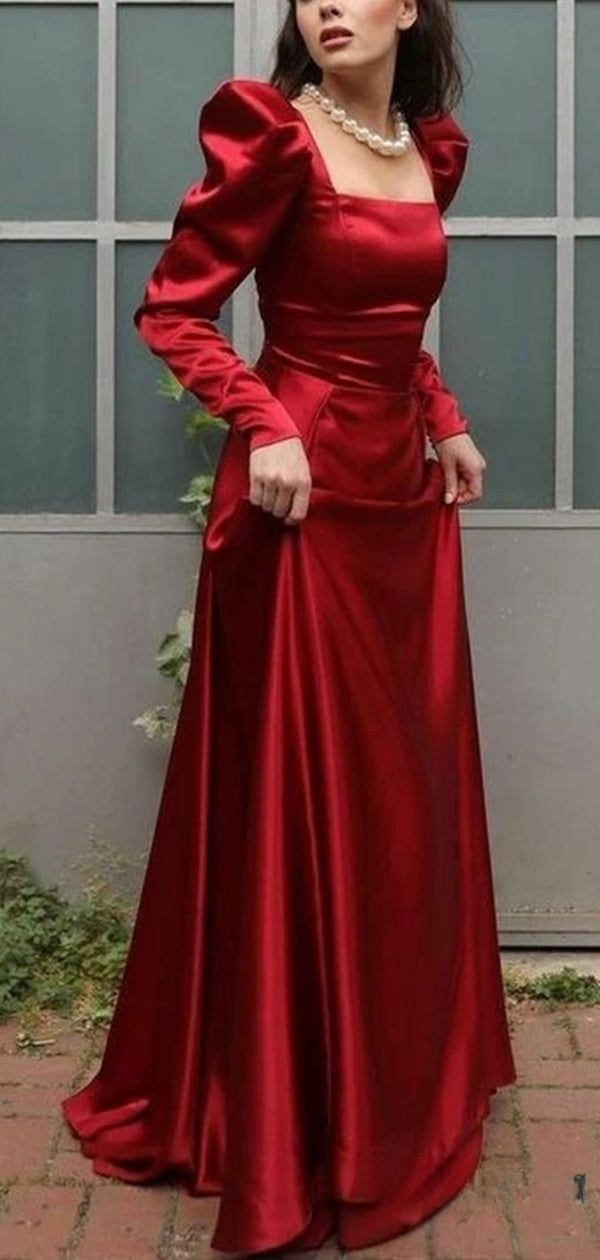 Elegant Square Neck Red Satin A Line Prom Evening Dress Y7855 - VelvetHem