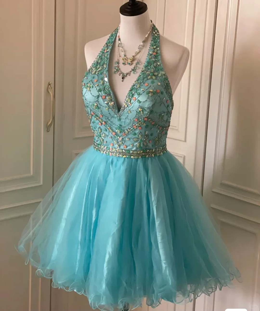 Vintage Blue Halter Tulle Beaded A Line Short Party Dress Formal Homecoming Dress
