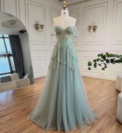 Off The Shoulder Tulle Beaded Evening Dress,Shiny Sage Green Prom Party Dress - View 3 | VelvetHem