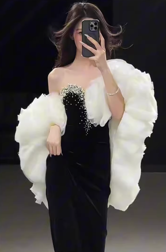 Gorgeous Strapless Black Velvet Beaded Mermaid Long Prom Dress Birthday Party Dress - View 5 | VelvetHem
