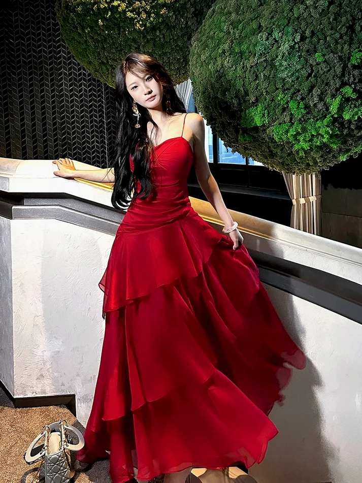 Beautiful Red Chiffon Layered Evening Dress Spaghetti Straps Prom Party Dress - VelvetHem
