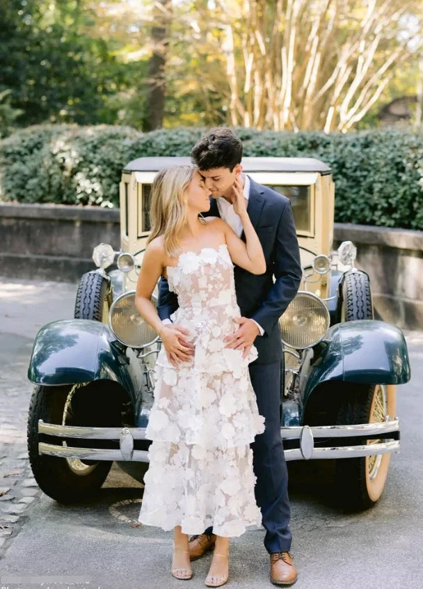 Pretty Strapless 3D Floral Lace Tiered Long Prom Dress,White A Line Evening Dress Wedding Dress Y8462 by simplepromdress