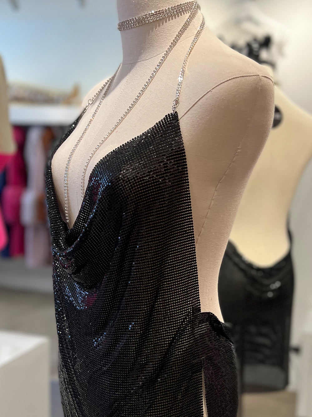 MAGLIA Backless Chainmail Mini Dress in Black