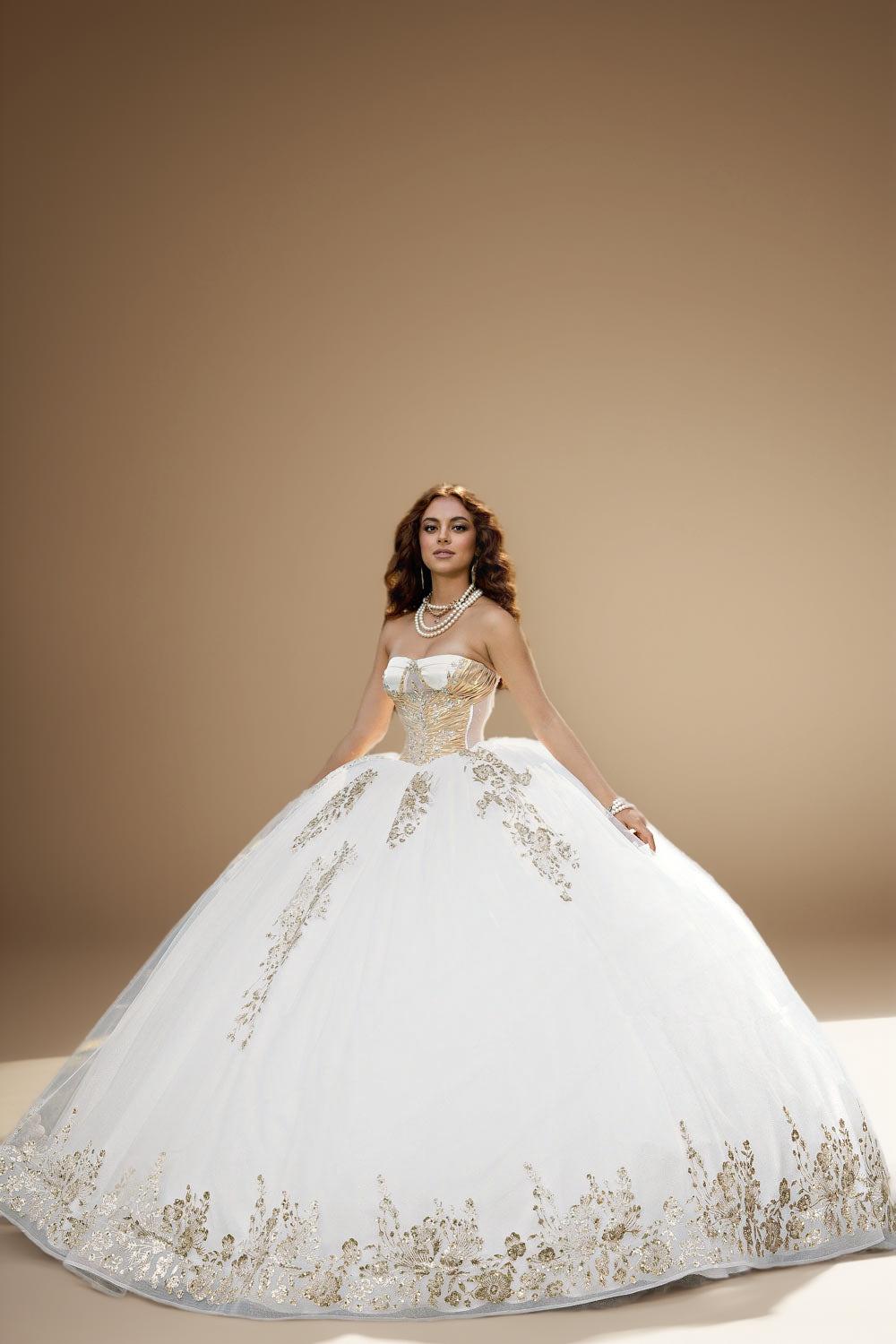 Strapless Glitter Tulle Quinceanera Ball Gown in Ivory Gold (ZD17562) - VelvetHem