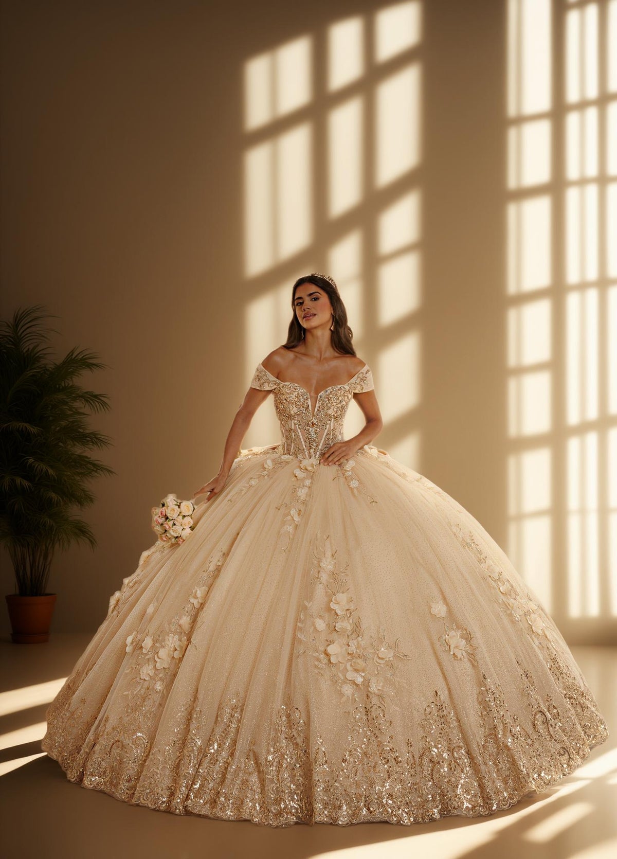 3D Floral Strapless Quinceanera Ball Gown with Off Shoulder Sleeves (ZD17571) - VelvetHem