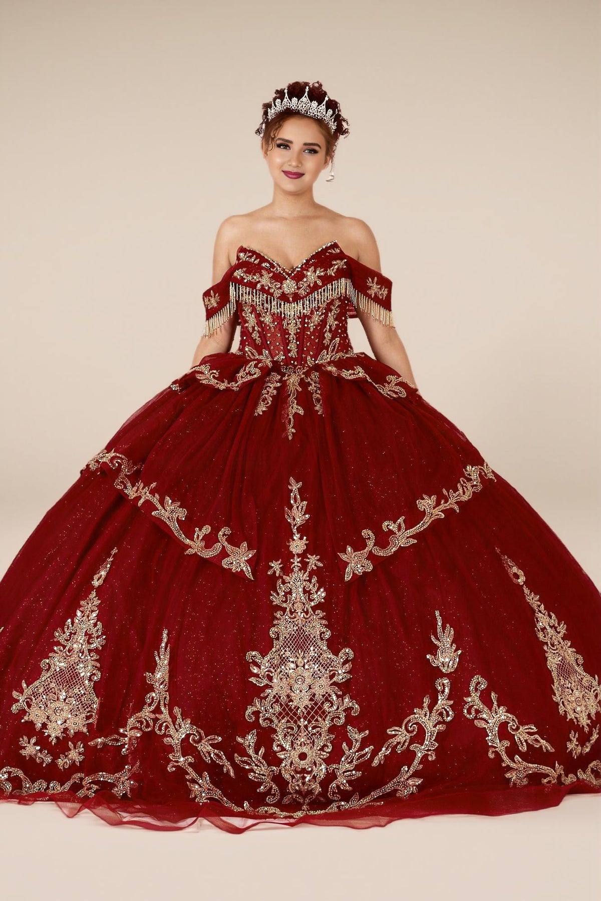 Burgundy Gold Off Shoulder Quinceanera Dress Beaded Fringe Glitter Tulle Ball Gown (ZD17593) - VelvetHem