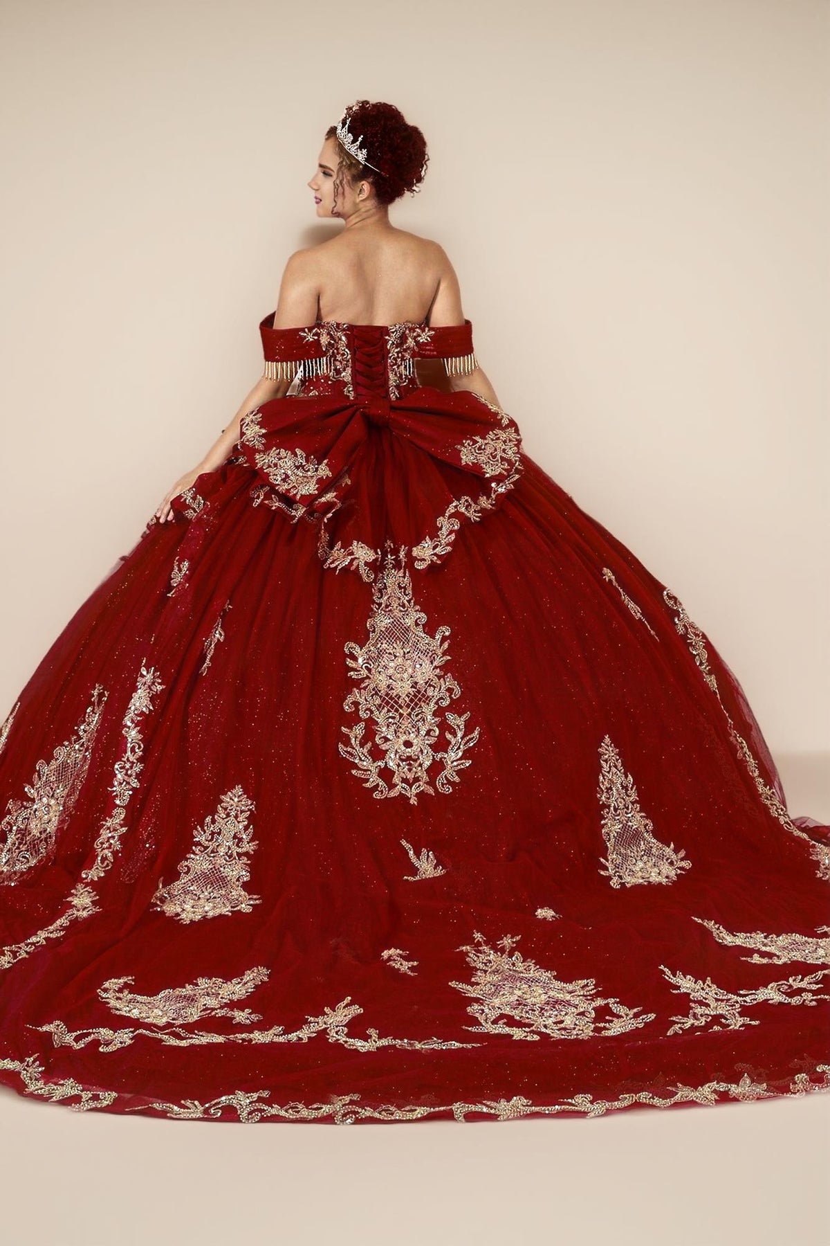 Burgundy Gold Off Shoulder Quinceanera Dress Beaded Fringe Glitter Tulle Ball Gown (ZD17593)