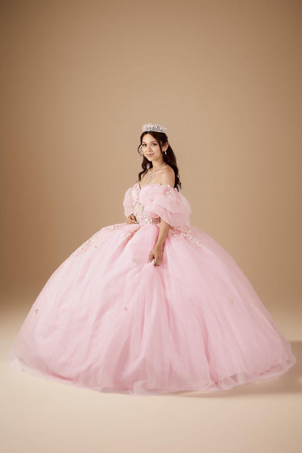 Blush Pink Puff Sleeve Quinceanera Dress 3D Floral Glitter Tulle Ball Gown (ZD17597) - VelvetHem
