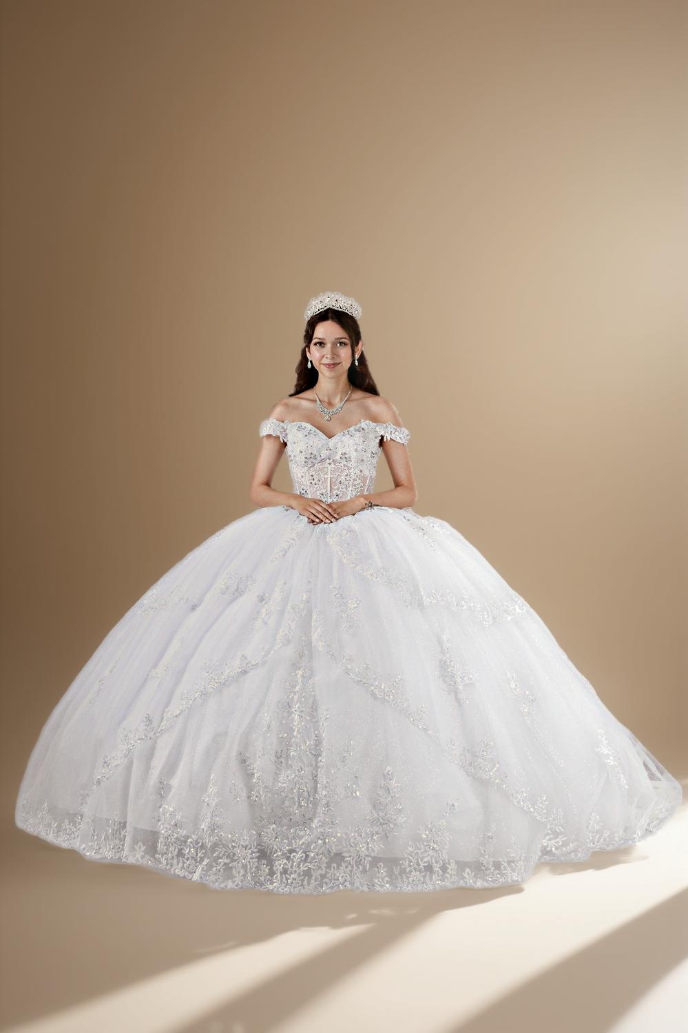 White Off Shoulder Layered Quinceanera Dress Embroidered Applique Tulle Ball Gown (ZD17598) - VelvetHem