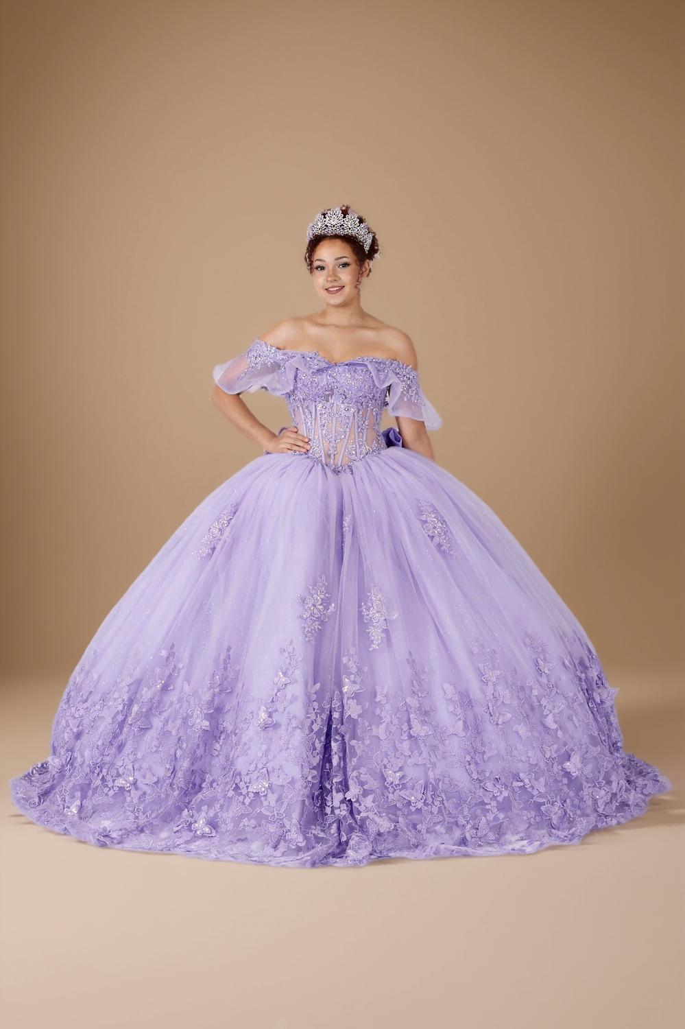 Lilac Off Shoulder Bow Quinceanera Dress Ruffle Sleeve Applique Glitter Tulle Ball Gown (ZD17600) - VelvetHem