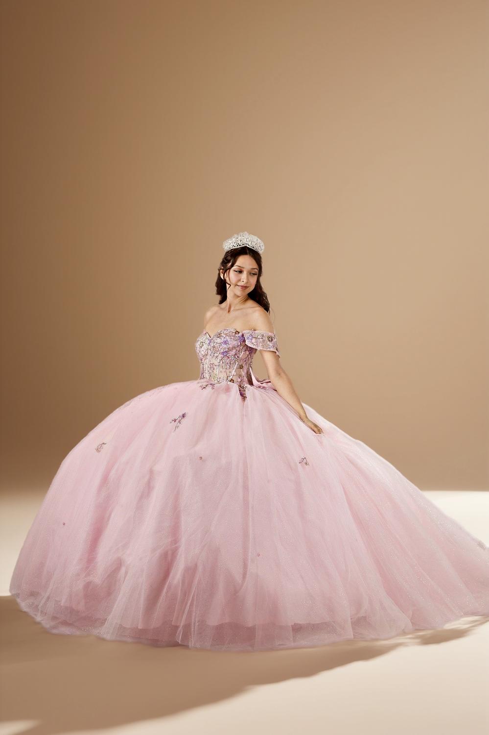 Blush Multi Off Shoulder Quinceanera Dress Floral Applique Bow Glitter Tulle Ball Gown (ZD17601) - VelvetHem