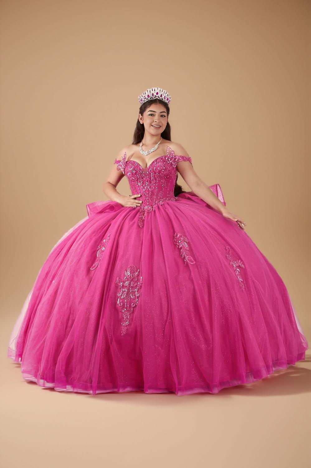 Fuchsia 3D Butterfly Off Shoulder Quinceanera Dress Glitter Tulle Ball Gown (ZD17602) - VelvetHem
